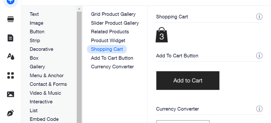 The wix ecommerce editor showing how to add in a shopping cart feature