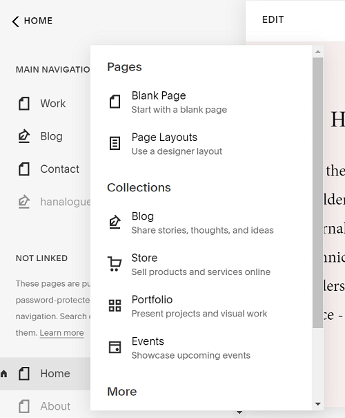 squarespace editor for the blog function showing features such as Blank Page and Page Layouts