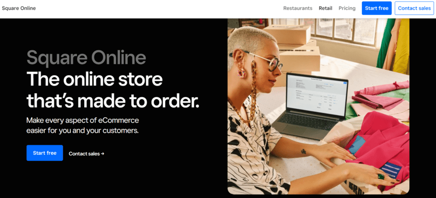 Square Online online store builder homepage, featuring an image of a business owner working and a button for readers to sign up