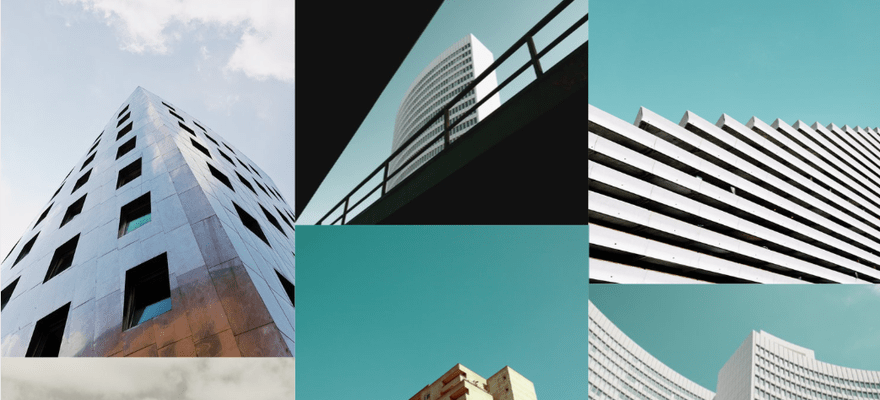 Helen Gates photography template with photo collage of tall buildings taken from a low angle