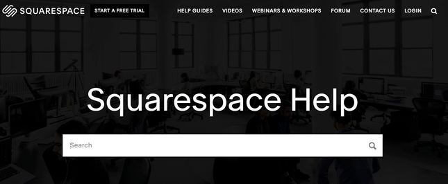 squarespace help center on black with a large white search bar