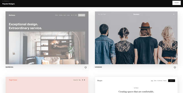 Squarespace templates showing a smart dark design template and a band website with all members facing away from camera