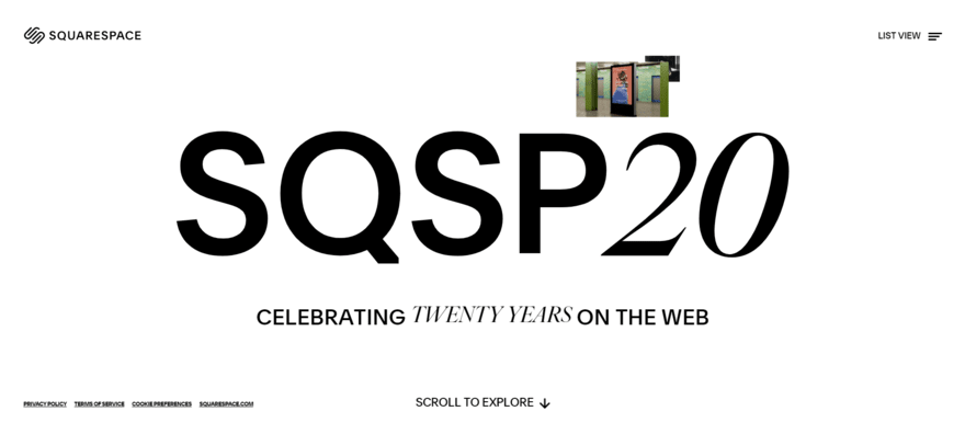 White background with "SQSP20" in black text to celebrate Squarespace's 20th anniversary