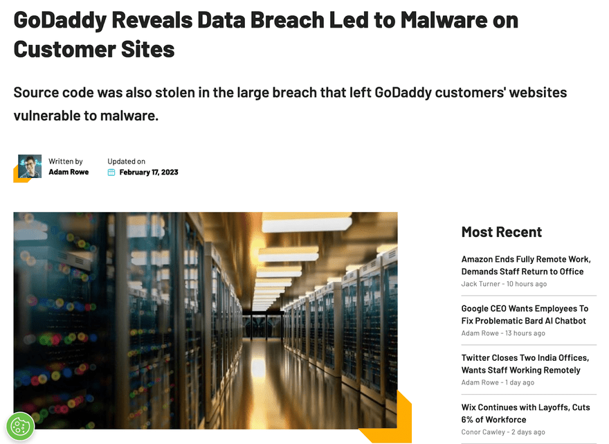Tech.Co article detailing GoDaddy reveals data breach
