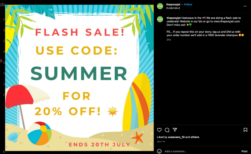 Instagram post from the pony jet promoting a sale via countdown and giveaway