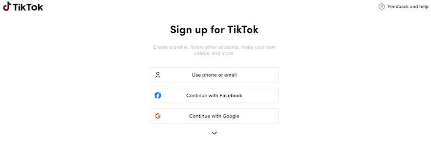 TikTok create account sign up page