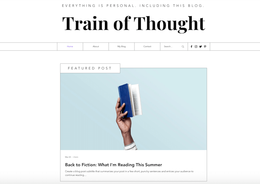 Train of Thought template by Wix, featuring a header and grid-like navigation, with a featured post below