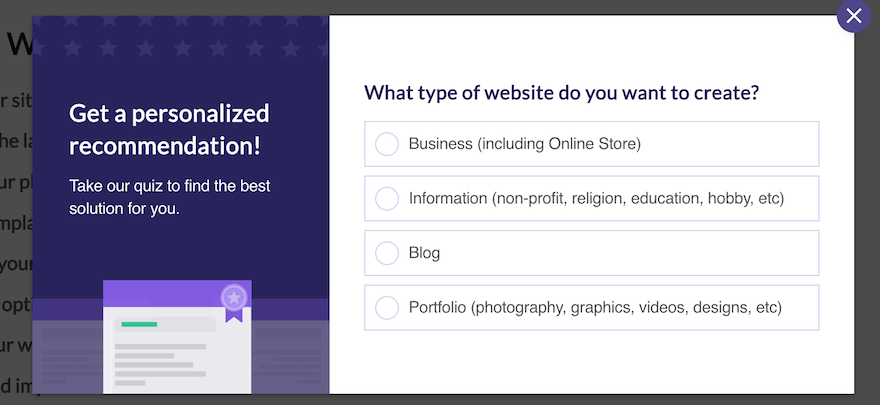 WBE personalized recommendation quiz with question form about websites