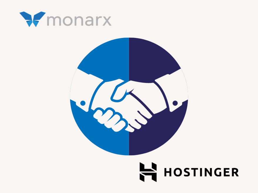 Graphic of a handshake with the Monarx and Hostinger logo either side