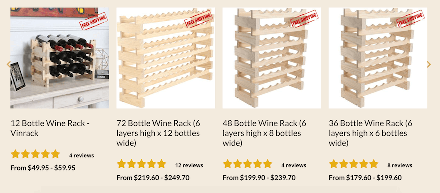 Four product photos of wooden wine racks for sale