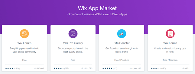 wix app center with four categories of apps each with logo