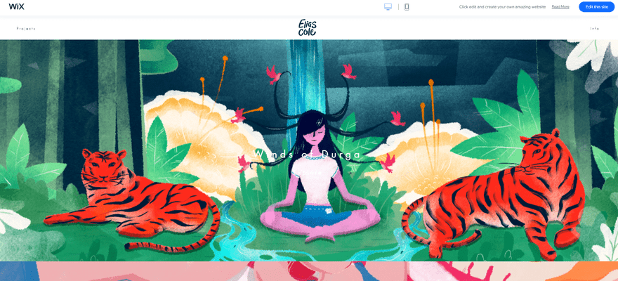 Wix's Elias Cole design template illustration of a women meditating flanked by two tigers