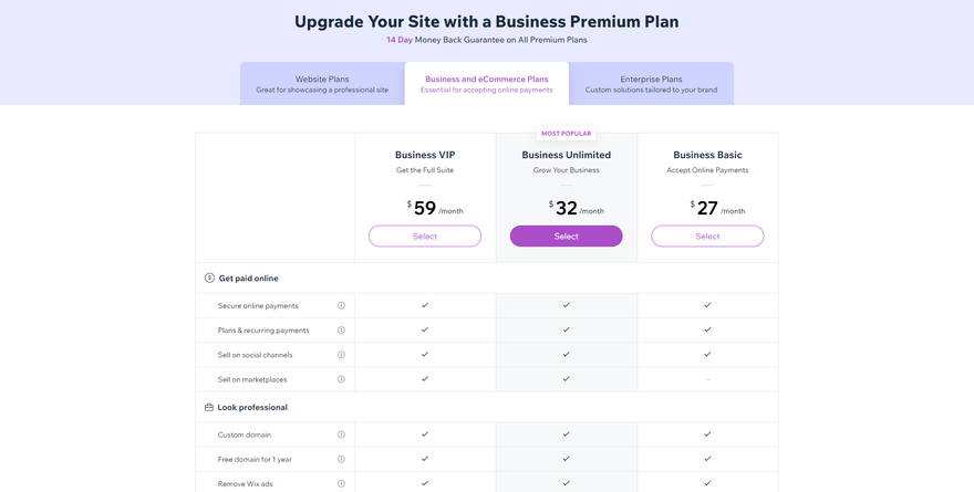 Three Wix pricing plans showing prices and features for online stores