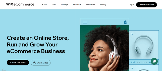 Wix ecommerce page on blue with a girl in headphones smiling in a compute window next to a product page of said headphones