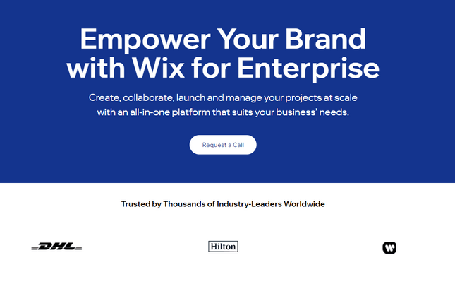 Homepage for Wix's Enterprise plan with a button to request a call
