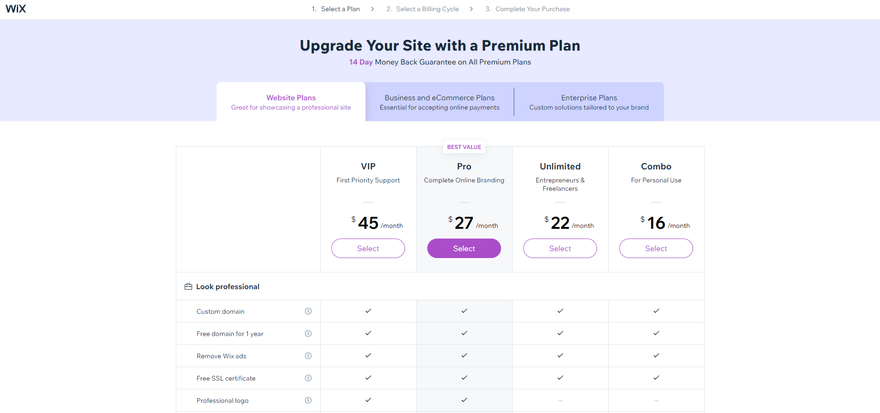 Wix prices, four plans with information on what each plan offers