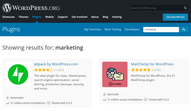 wordpress screenshot of the plugins market with star ratings and logos
