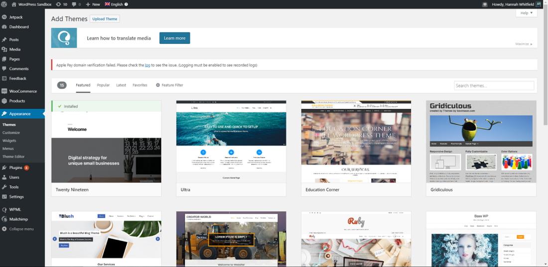 WordPress theme directory with a range of themes
