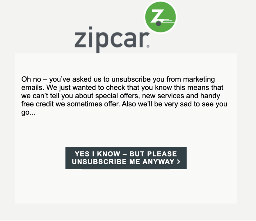 An unsubscribe email from Zipcar